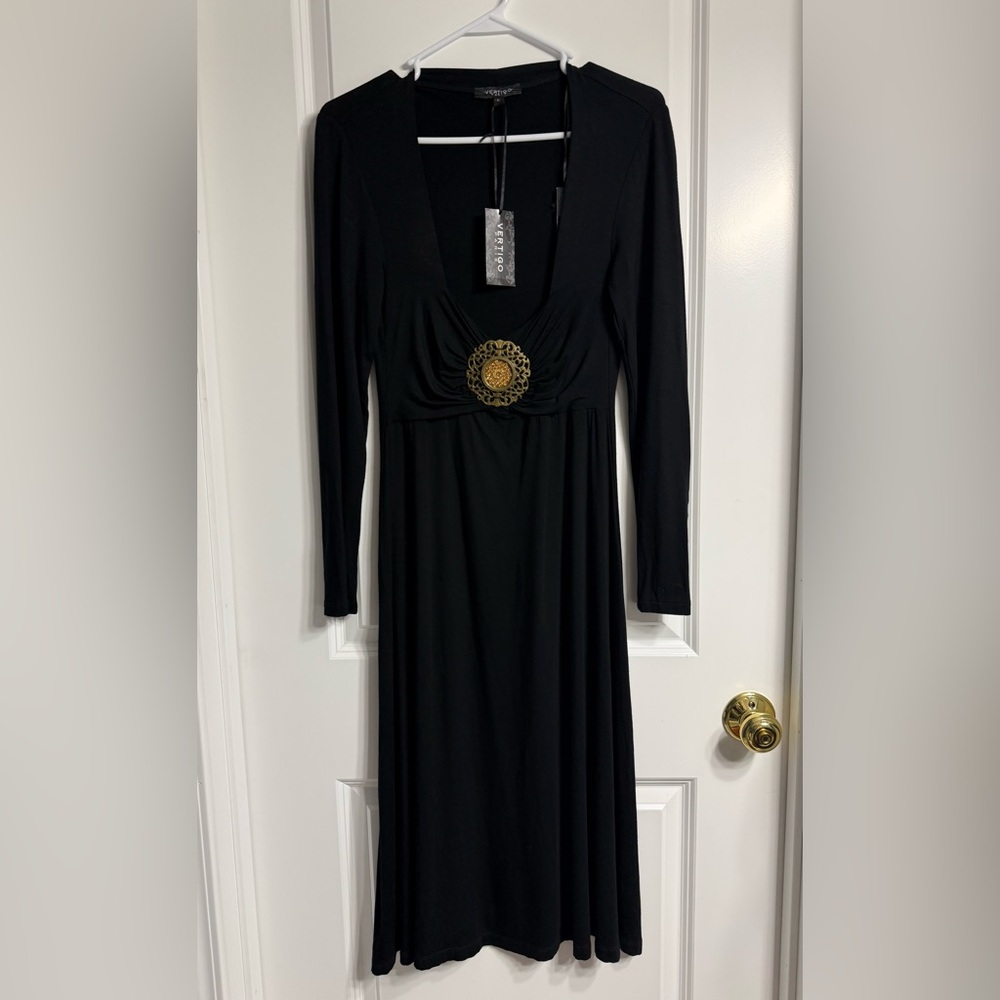 NWT Vertigo Paris Black Knit Long Sleeve Gold Jewel V Neck Ruched Dress Size L